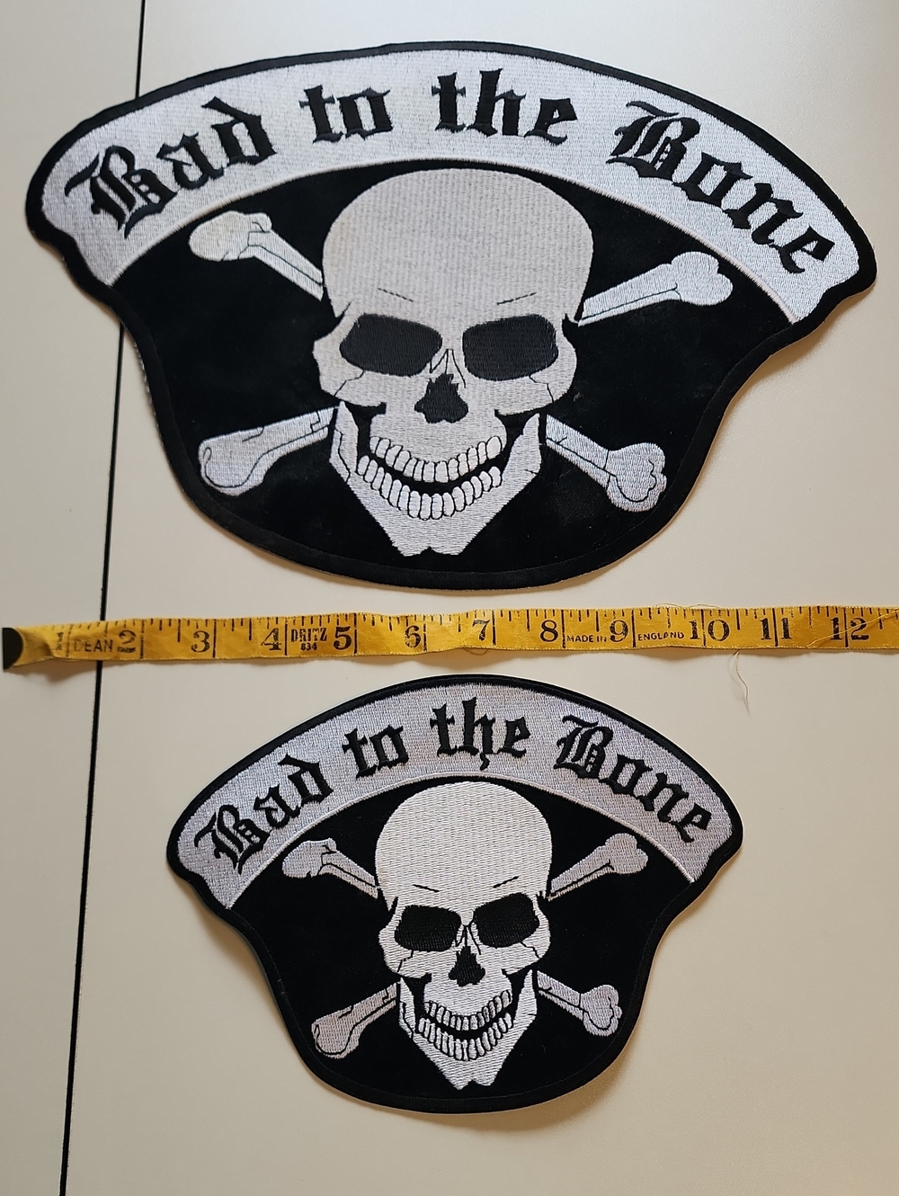 TWO Bad to the Bone Skull & Crossbones Patches - Black & White